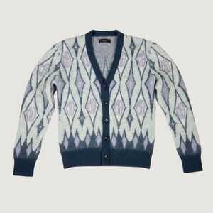 Amiri Blue Diamond Jacquard Mohair Blend Cardigan Sweater Mens Large Italy